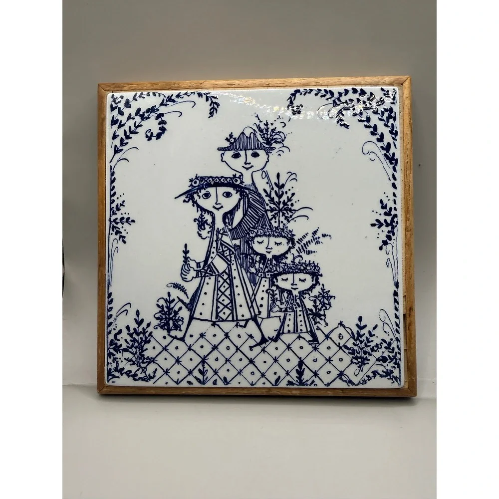 Vintage Bjorn Wiinblad Ceramic Trivet Blue White Danish Modern Wood Frame 6x6